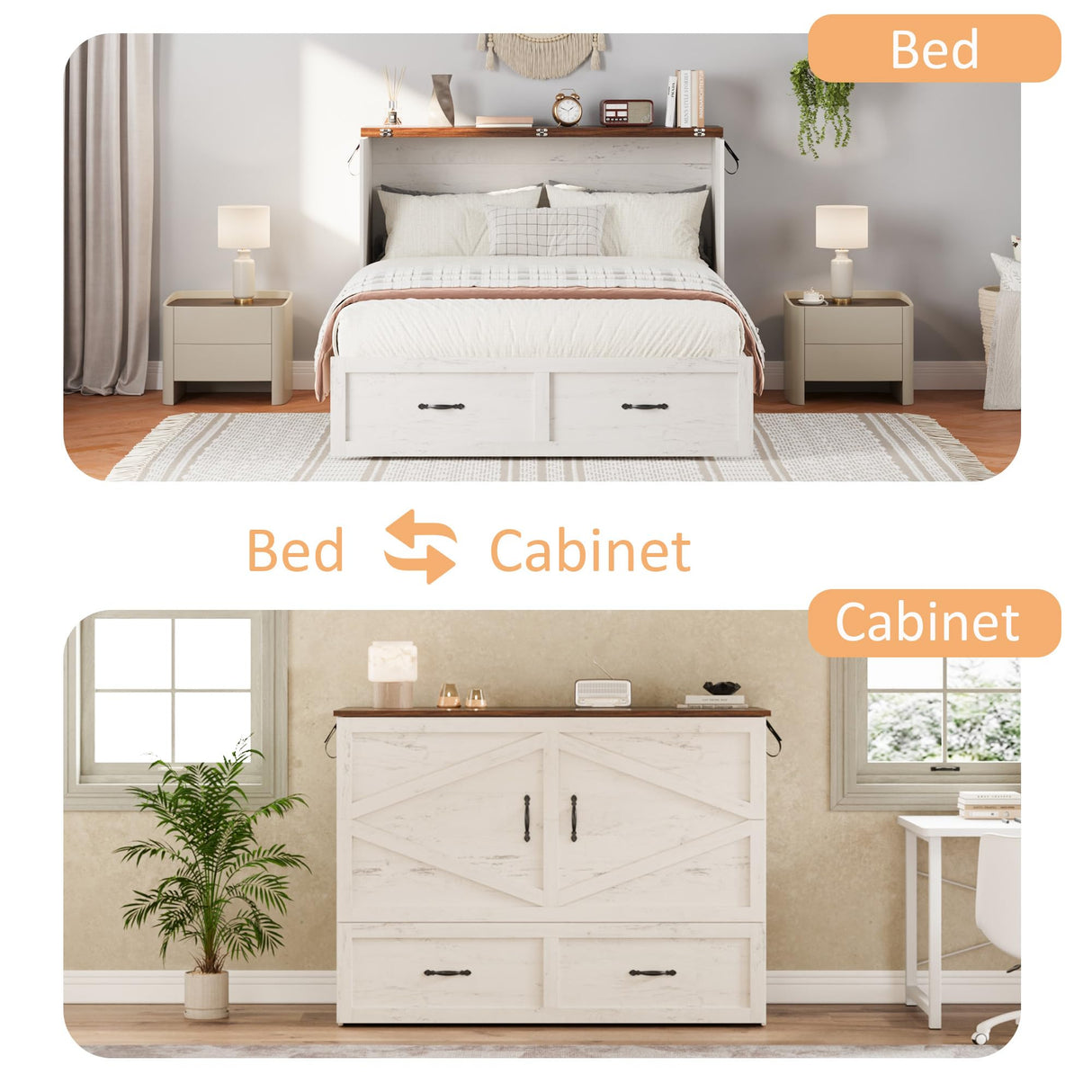 Harpaq Full Size Murphy Bed, Full Size Mobile Cabinet Bed Frame, Farmhouse Wooden Cabinet with Storage Drawer for Bedroom/Office/Guest Room, White+Barnwood Harpaq