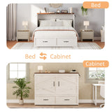 Harpaq Full Size Murphy Bed, Full Size Mobile Cabinet Bed Frame, Farmhouse Wooden Cabinet with Storage Drawer for Bedroom/Office/Guest Room, White+Barnwood Harpaq