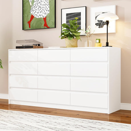 Homsee 12 Drawers Double Dresser, Modern Wood Dresser Chest of Drawers with Large Storage Space for Bedroom, White (63”L x 15.7”W x 31.9”H) Homsee
