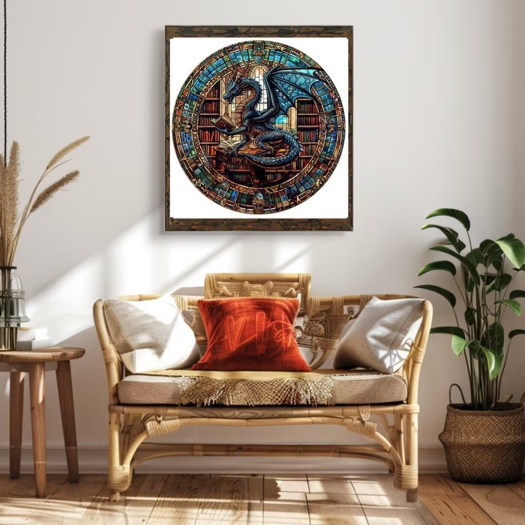 Jollitot Wooden Puzzles Adults, Dragon Library Puzzle 300 Pieces, Unique Animal Shaped Wood Challenging Jigsaw Puzzles Gifts for Adults, 13.4x13.3in Jollitot