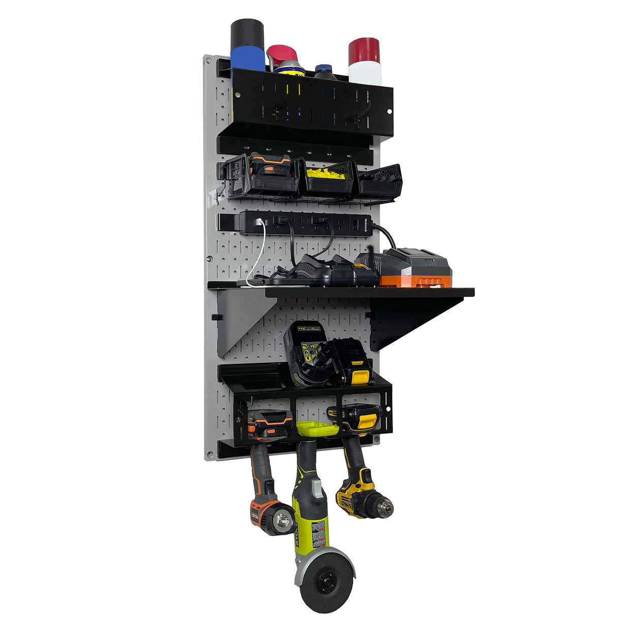 Wall Control Power Tool Storage Organizer Kit Cordless Drill Holder Charging Station Rack 16” x 32” Metal Pegboard Organization System (Grey Pegboard) Wall Control