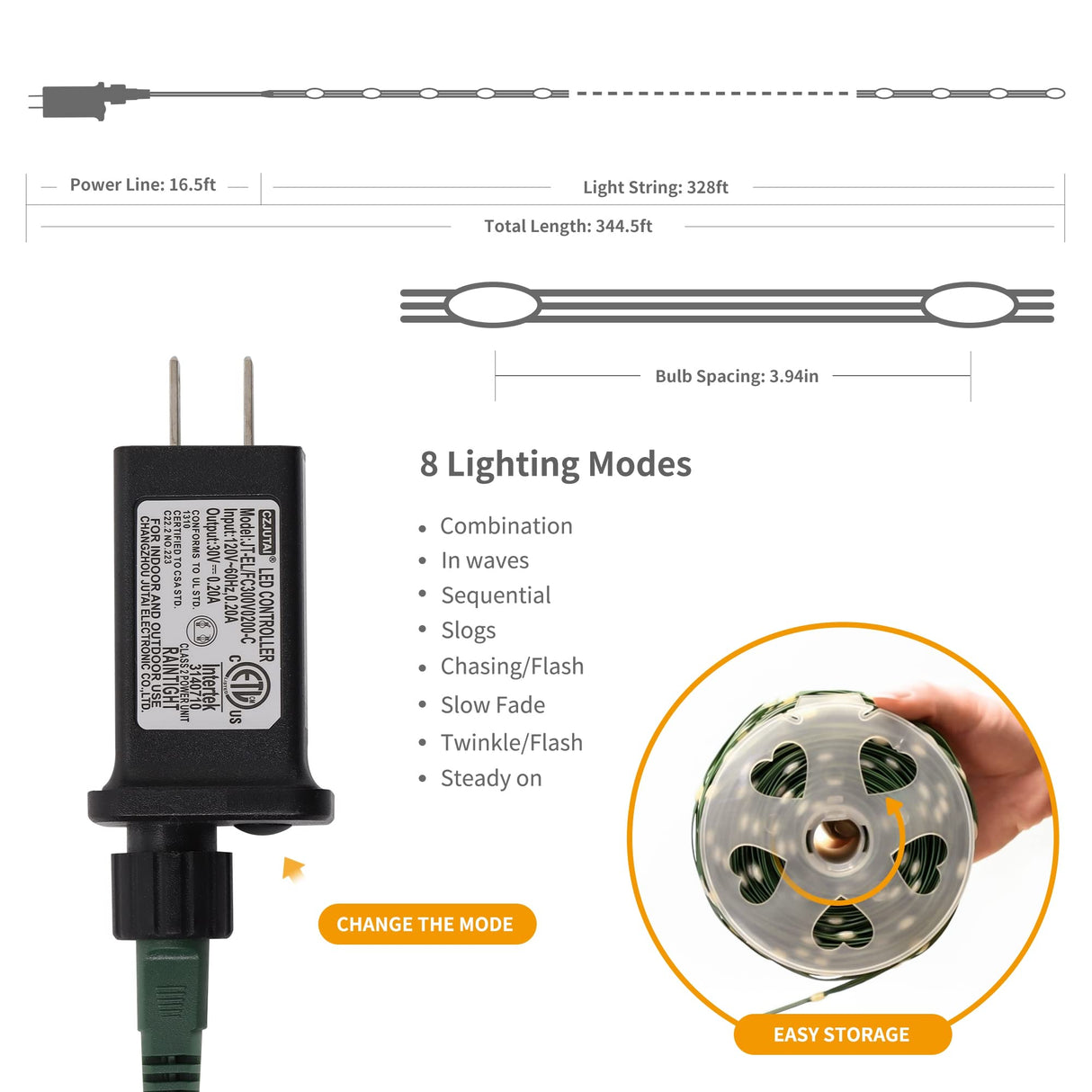 LJLNION 1000 LED Fairy String Lights, 328FT Long Outdoor Christmas Lights, Waterproof IP65 Green PVC Copper Wire Lights, 8 Lighting Modes Plug in for Xmas Tree Holiday Party Wedding Decor, Warm White LJLNION