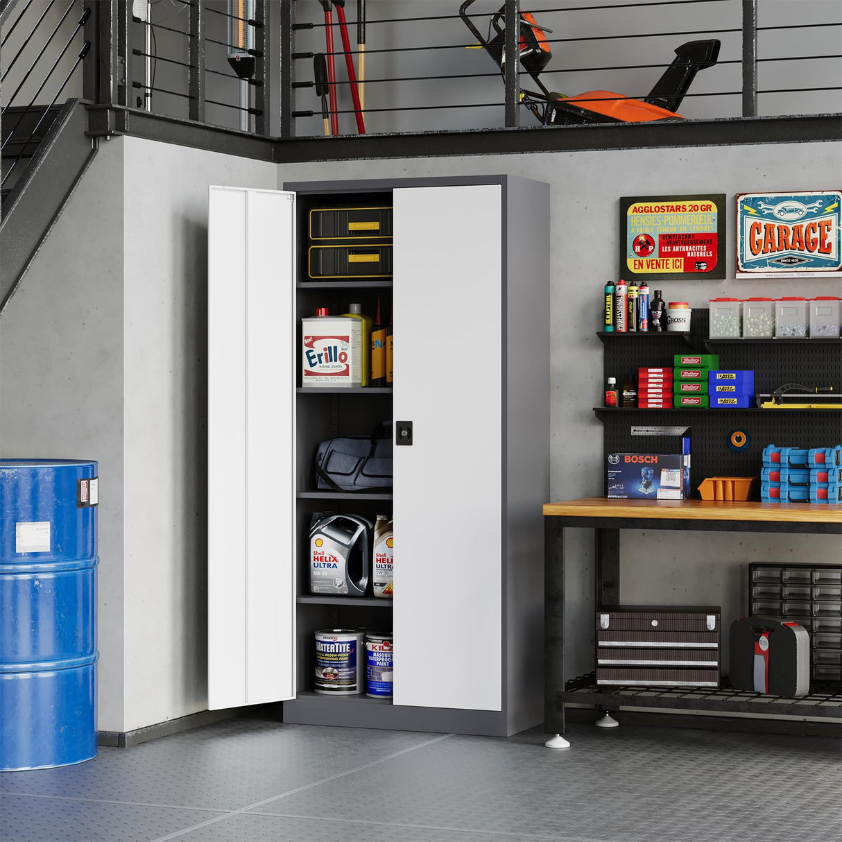 MIIIKO Home Office Storage Cabinet with Shelves and Doors, Metal Utility Cabinets with 2 Locking Doors and 5 Shelves, Tall Steel Locker Cabinets or Garage, Kithen, Pantry and Classroom MIIIKO