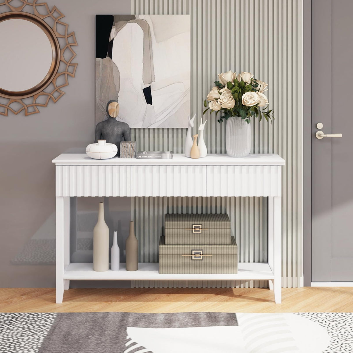 LAZZO Painted Wood Console Table Narrow Long Sofa Table Modern Behind Couch Table Fluted Entryway Table with 3 Drawers and Open Storage Shelf for Living Room, Foyer and Hallway White (White, 1 Tier) LAZZO