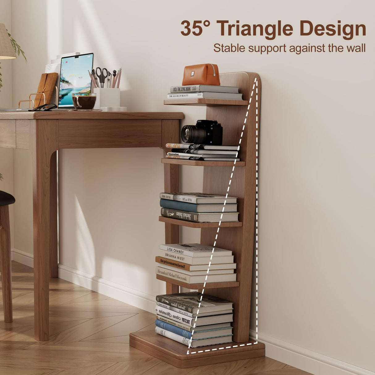 WoodsWhisper Narrow Bookshelf Ladder Bookshelf 5 Shelf Bookcase, Mid Century Modern Bookcase with Freestanding Display Shelves,Anti-tip Device and Thickened Base for Small Space,Living Room, Office WoodsWhisper