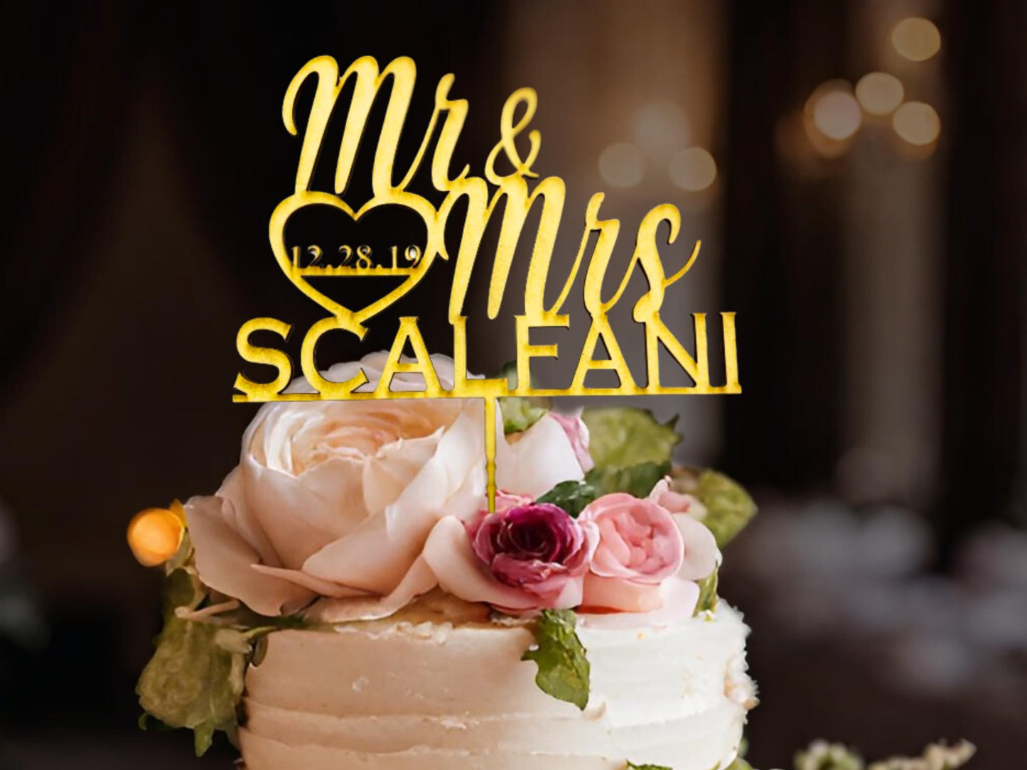 Personalized Wedding Cake Topper | Wooden Cake Topper | Mr Mrs Heart Customized Wedding Date And Last Name - WoodArtSupply