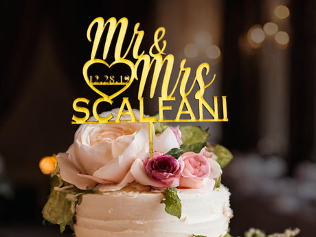 Personalized Wedding Cake Topper | Wooden Cake Topper | Mr Mrs Heart Customized Wedding Date And Last Name designLEE Studio