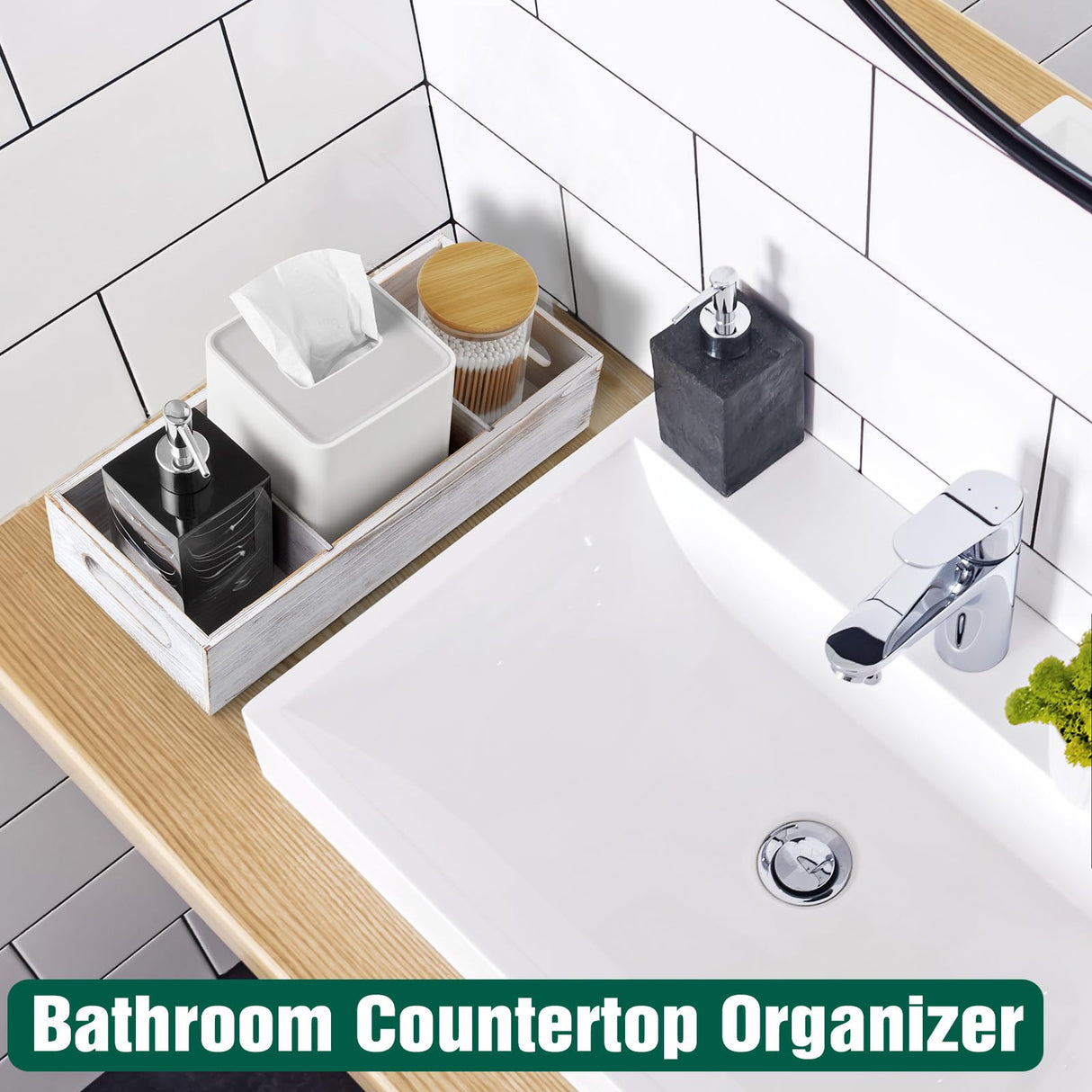 14 Inch Farmhouse White Bathroom Basket with Removable Dividers - 3 Comparments Wood Toilet Paper Basket for Back of Toilet Tank Topper - White Storage Organizer for Bathroom Pantry Organization dreamkey