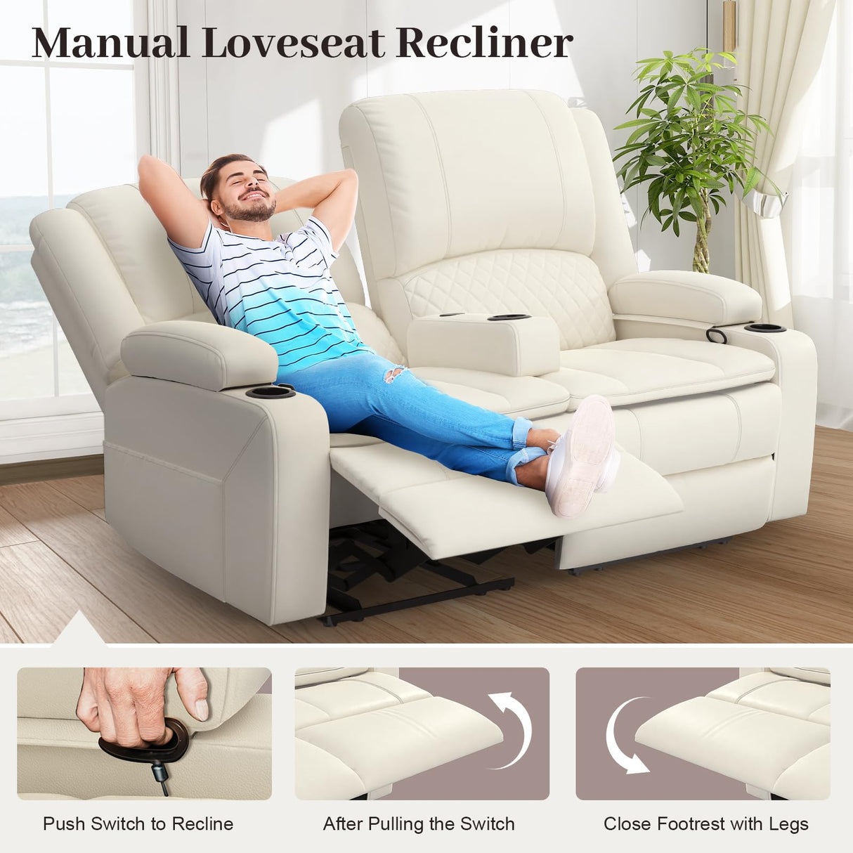 Yolsali Loveseat Recliner Sofa, Manual Reclining Loveseat with Removable Armrest, PU Leather Double Recliner for RV with 2-Tier Cushions, USB Charging Ports, Cup Holders - Ivory White, PU Yolsali