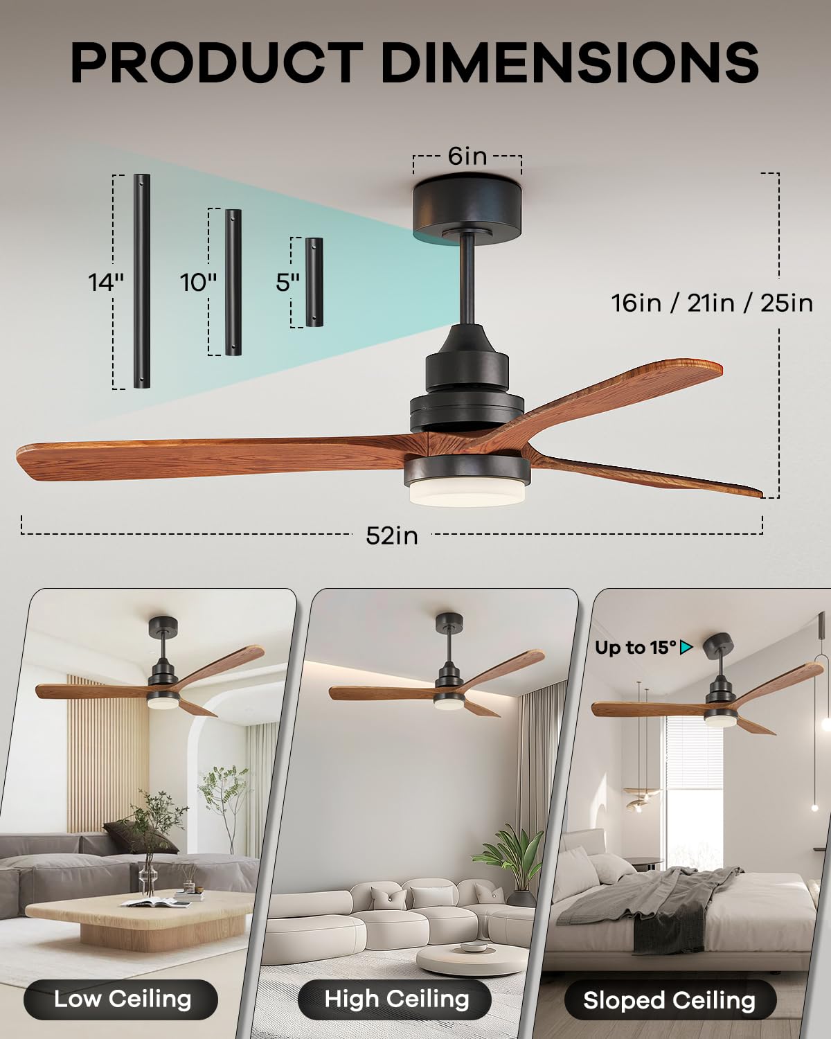 HEIBUETY Ceiling Fans with Lights and Remote, 52 Inch Outdoor Wood Ceiling Fan for Patios with Light, 3 Downrods, Quiet DC Motor, 3 Blade Modern Ceiling Fan for Outside Porch, Farmhouse, Bedroom