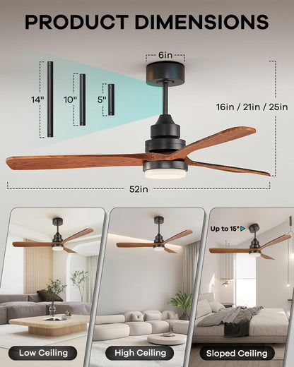 HEIBUETY Ceiling Fans with Lights and Remote, 52 Inch Outdoor Wood Ceiling Fan for Patios with Light, 3 Downrods, Quiet DC Motor, 3 Blade Modern Ceiling Fan for Outside Porch, Farmhouse, Bedroom