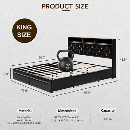 IKIFLY King Size Upholstered Bed Frame with Charging Station, 4 Storage Drawers & LED Lights - WoodArtSupply