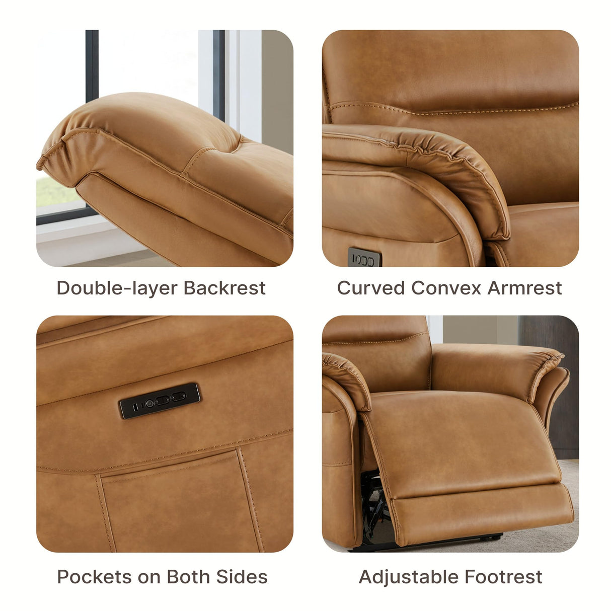 KISLOT Power Recliner Chair with Adjustable Headrest and Footrest, Leather Reclining Chair with USB/Type-C Charging, Modern Electric Recliner for Adults Living Room Bedroom KISLOT