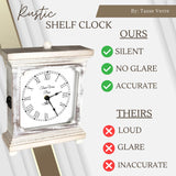 Tasse Verre Rustic Shelf Clock (Quiet) for Living Room Mantel, Table, Or Desk 9" X 7" Farmhouse Decor Distressed White Washed Wood Silent - Office Fireplace. AA Battery Operated Non-Digital, Tan Tasse Verre