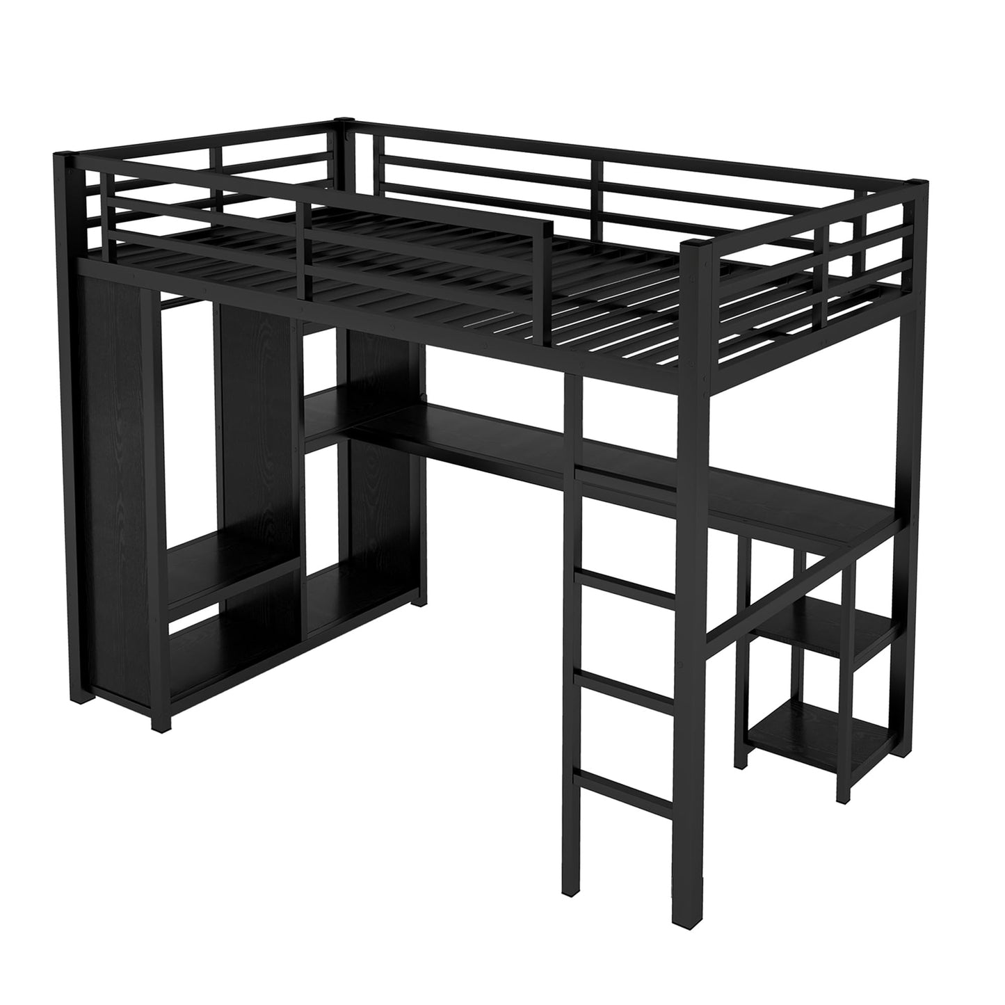 Twin XL Loft Bed with Desk and Storage Shelves, Twin XL Loft Bed with Wardrobe, Hanging Rod and Guardrail and Ladder, Balck