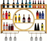 OMKUOSYA Wine Rack Wall Mounted with LED Light, 3-Tier Metal Floating Bar Shelves Wine Glass Holder, Liquor Bottle Storage Display Shelf for Home Bar, Dining Room & Kitchen (Gold, 39.4in/100cm) OMKUOSYA