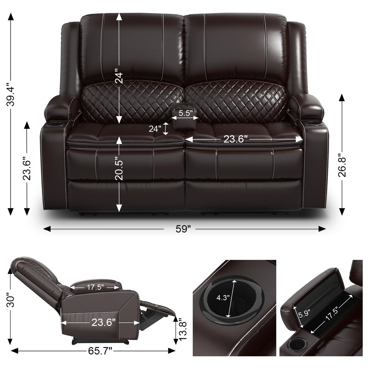 Yolsali Loveseat Recliner Sofa, Manual Reclining Loveseat with Removable Armrest, Faux Leather Recliner Loveseat for Adults with 2-Tier Cushions, USB Charging Ports, Cup Holders - Brown Yolsali