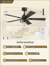 Fanbulous 2 Pack Farmhouse 42 Ceiling Fans with Lights, Black Industrial Caged Ceiling Fans for Bedroom Living Room, Double-Sided 5 Blades Rustic Ceiling Fan Fanbulous