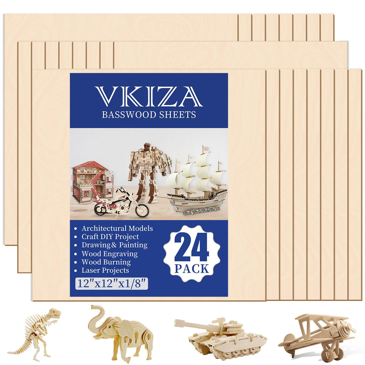 24 Pack Basswood Sheets 12"x12"x1/8", 3mm Basswood for Laser Cutting and Engraving,Thin Plywood Board Unfinished Wood for Crafts, DIY Ornaments and Architectural Model, Wood Burning. VKIZA
