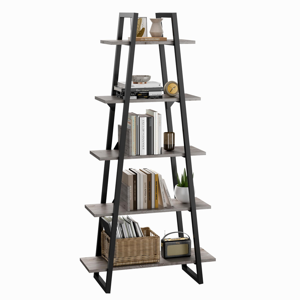 IDEALHOUSE 72" Book Shelf with Metal Frame, A-Shape Ladder Shelf with 5-Tier Wood Adjustable Shelves, Industrial Bookcase with Function Bezel for Home Living Room Bedroom Office Storage, Grey IDEALHOUSE