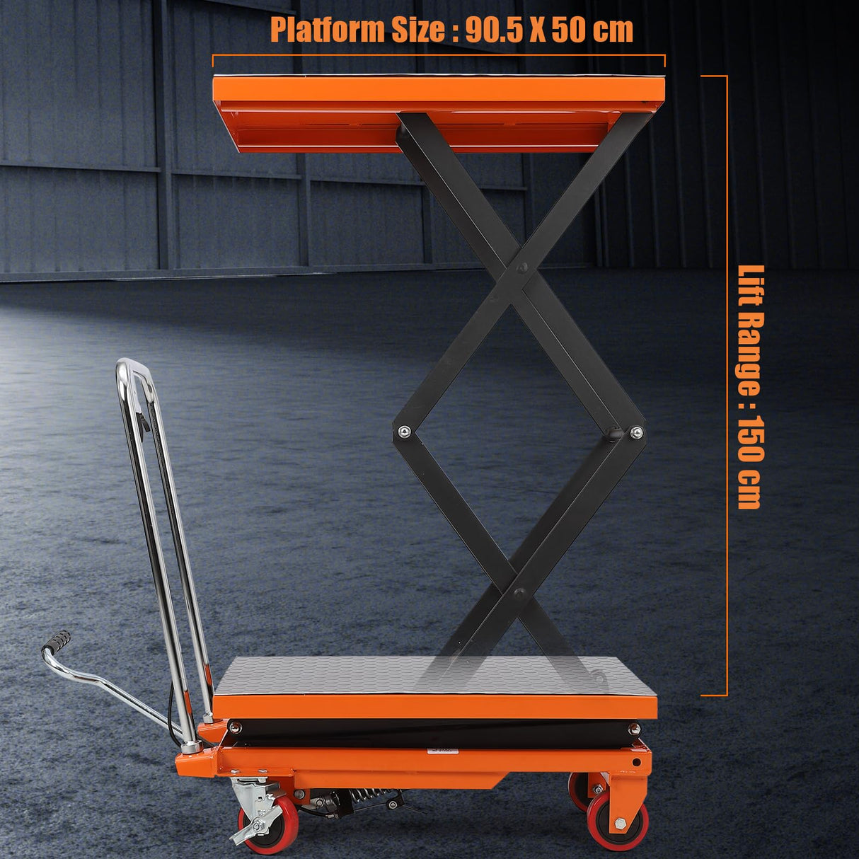 JustSmart Double Scissor Hydraulic Lift Table Cart 770 LBS Capacity 59" Height, Manual Elevating Cart for Material Handling and Transportation with 4 Wheels and Non-Slip Pad, Orange JustSmart
