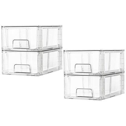 4 Pack Stackable Storage Drawers,Clear Acrylic Drawer Organizers with Handles, Easily Assemble for Fridge, Bathroom,Kitchen Undersink,Cabinet,Pantry Organization and Storage