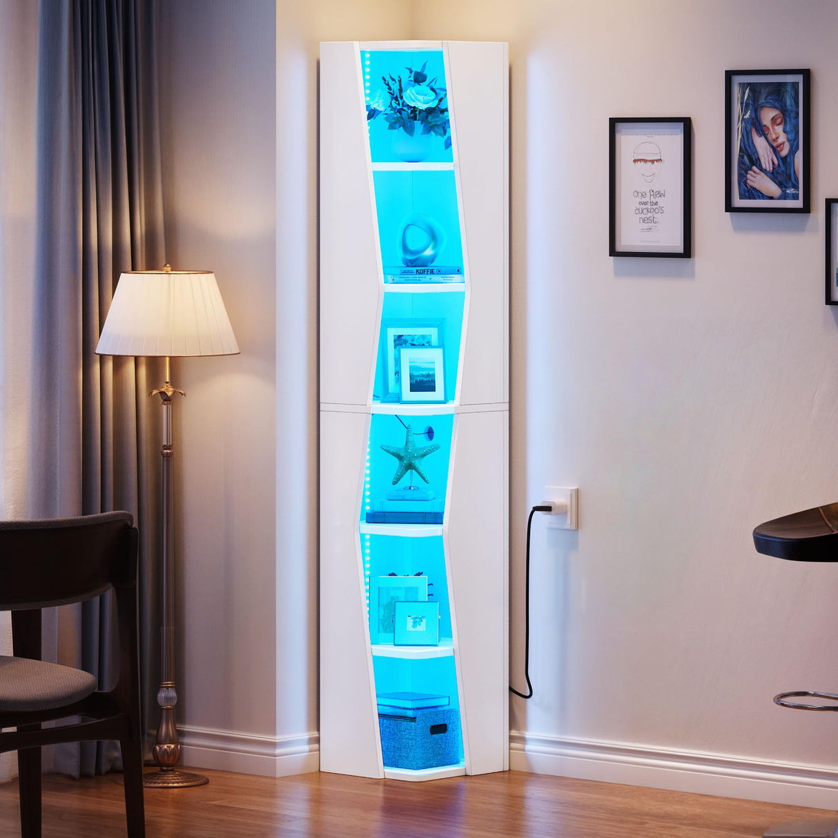 YITAHOME 71.45" Bookcase, 6 Shelves Corner Bookshelf with LED Light Modern, Tall Narrow Display Shelves, Wooden Free Standing Shelf, with Storage Organizer for Bedroom, Living Room, Home Office, White YITAHOME