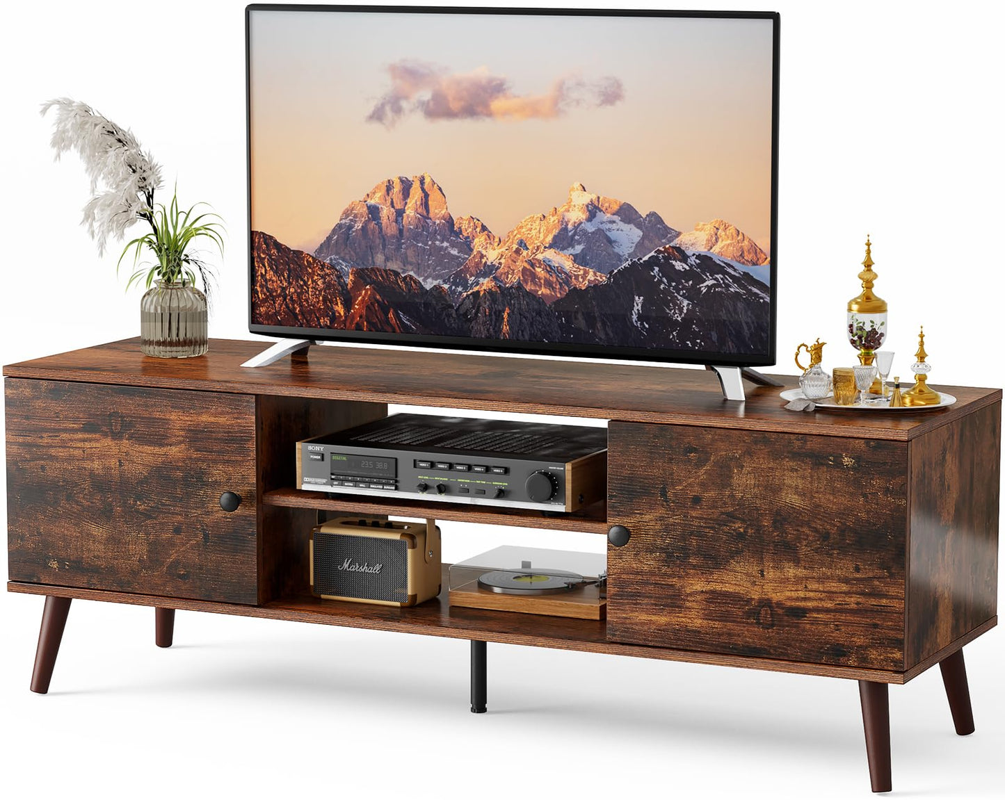 Sweetcrispy TV Stand for 55 60 inch Television, Entertainment Center with Storage, 2 Cabinet Media Console Table, Soft Hinge Door with Handle, Wood Feet, Living Room, Bedroom Furniture, Rust Brown