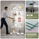 Buzleer Glass Display Cabinet with Lock LED Lighting 5-Tier 2-Door Curio Cabinets Full Vision Showcase Tempered Glass Display Case with Wheels for Living Room Bedroom Office, 74.6"*30.9"*13.6",White Buzleer