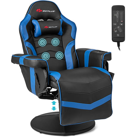 Goplus Gaming Chair, Height Adjustable Massage Video Game Chair with Retractable Footrest, Cup Holder, Headrest, Swivel Office Chair, Racing Style Swivel Gamer Chair (Blue) Goplus