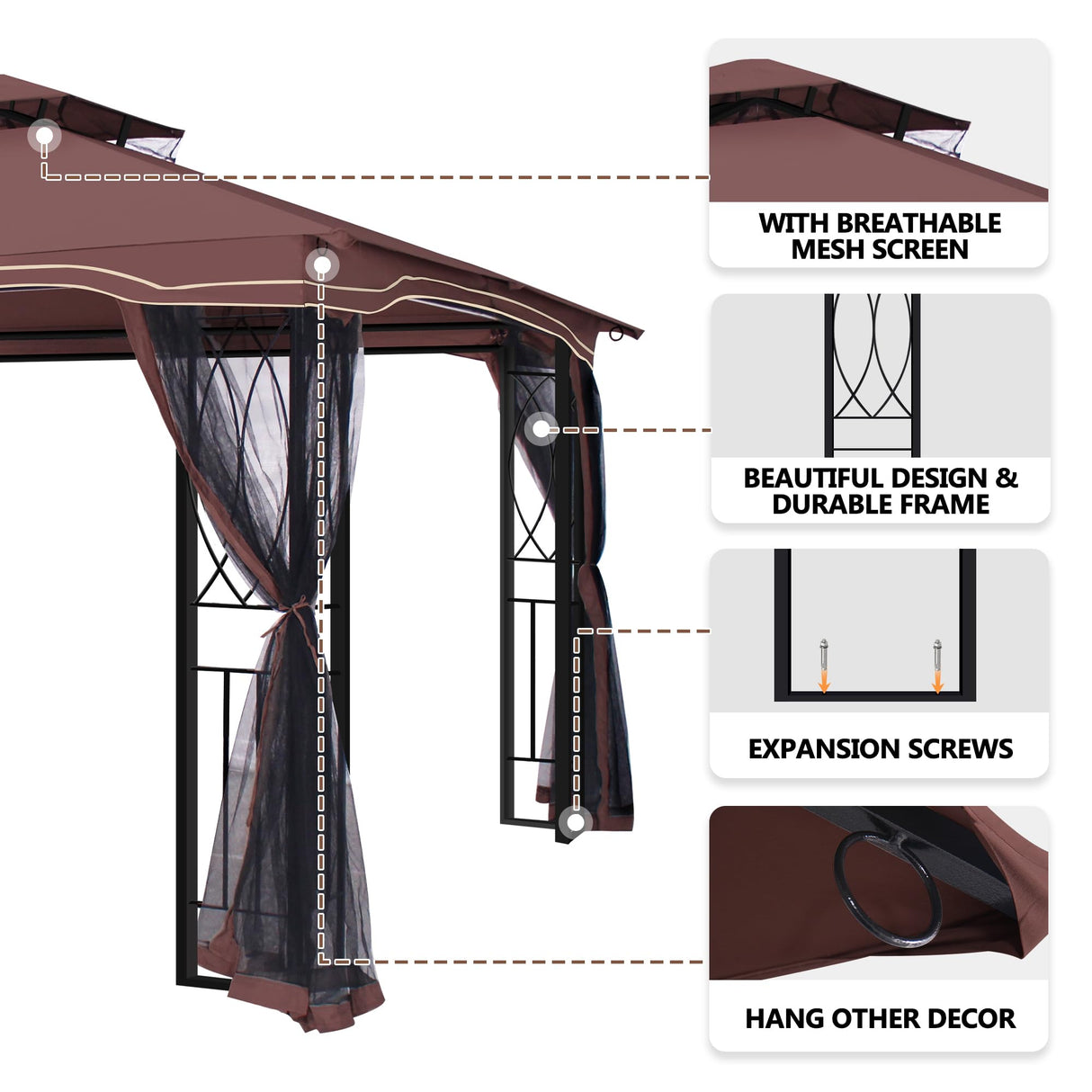 GARTOO 11'x13' Outdoor Patio Gazebo - Porch Gazebo with Polyester Roof & Breathable Netting, Best for Garden, Lawn, Backyard Deck (Chocolate) GARTOO