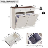 IFGET Modern Double Tilt-Out Trash Cabinet, 20 Gallon Fluted Laundry Hamper Cabinet with 2 Drawers, Wooden Hidden Garbage Can Cabinet with Storage Basket,Free Standing for Kitchen & Living Room, White IFGET