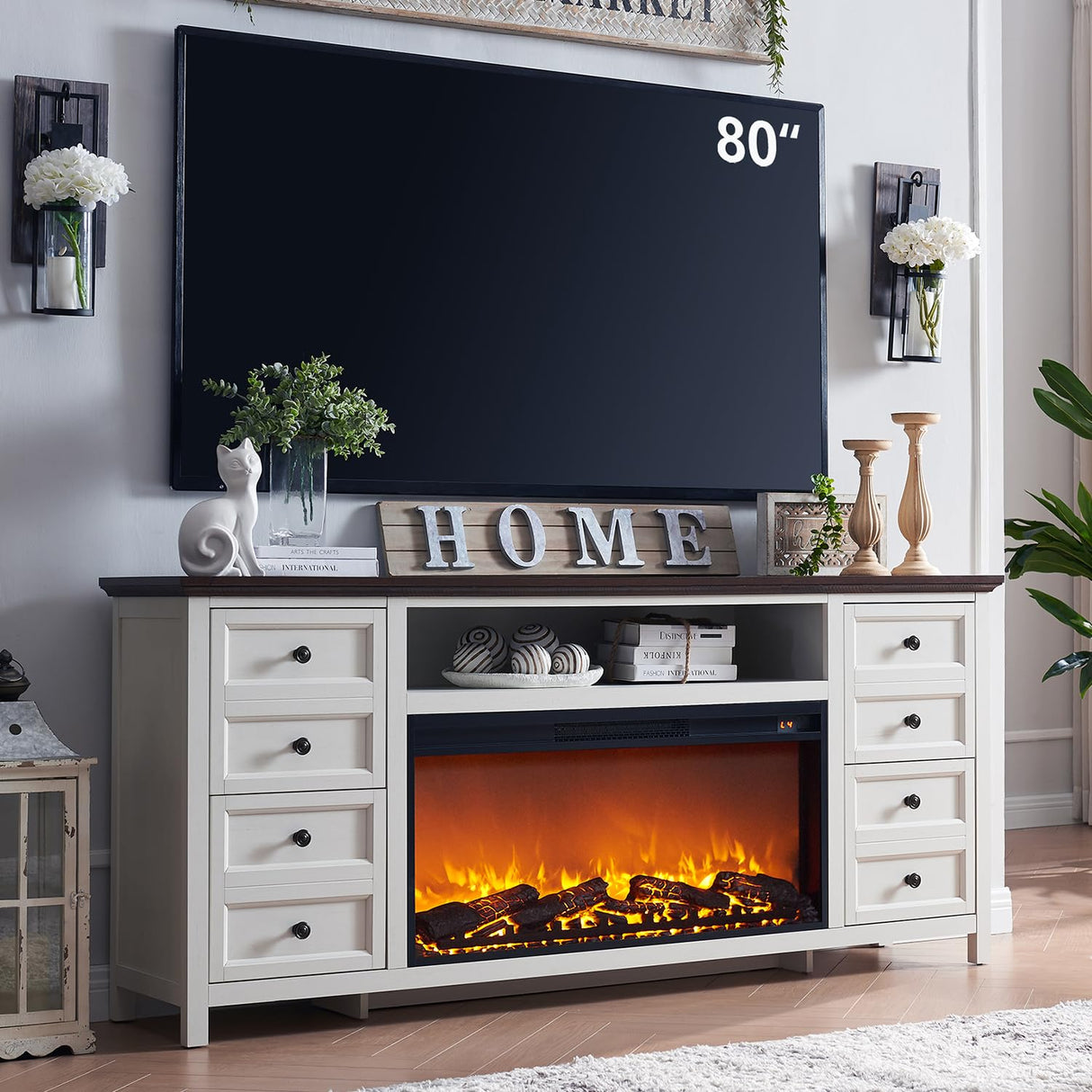 IFGET Fireplace TV Stand for TVs up to 80 Inches with 36" Electric Fireplace, 31" Farmhouse Tall Entertainment Center w/Drawer & Adjustable Shelves, Large Media Console for Living Room, 70inch White IFGET