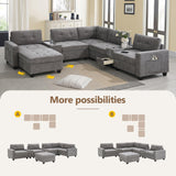 Merax 104 * 104" Chenille Sectional Couches with 2 Acrylic Consoles, Upholstered Modular Tufted Sofa Chaise with Ottoman, Storage Drawers, Pockets, USB Charger & Cup Holders for Living Room Apartment Merax