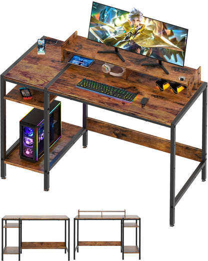 MINOSYS 39” Rustic Computer Desk with Adjustable Monitor Stand and Reversible Storage Shelves - WoodArtSupply