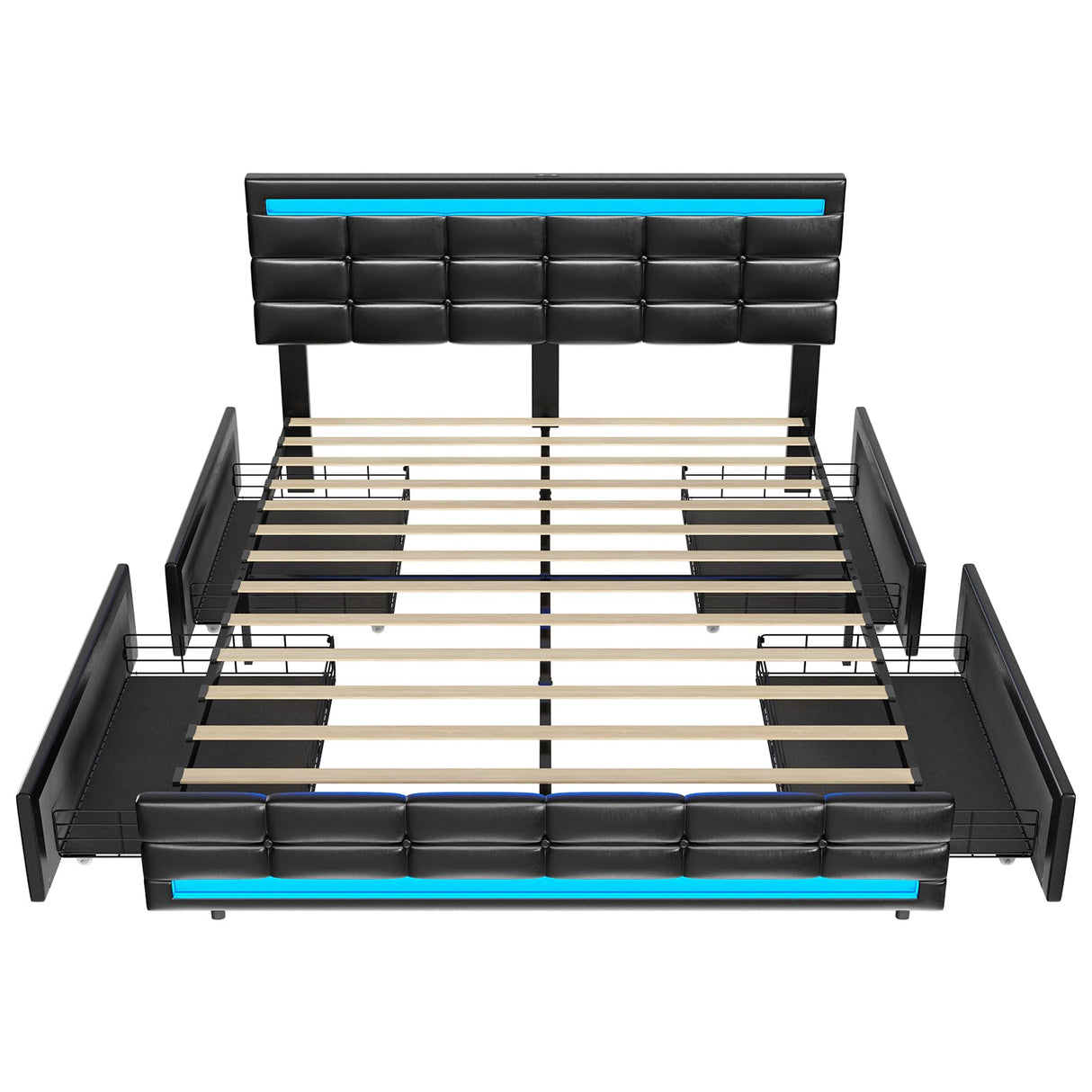 Elegant ADORNEVE Queen Bed Frame with LED Lights, Leather Platform and Storage Drawers, Adjustable Headboard, No Box Spring Needed - Black ADORNEVE