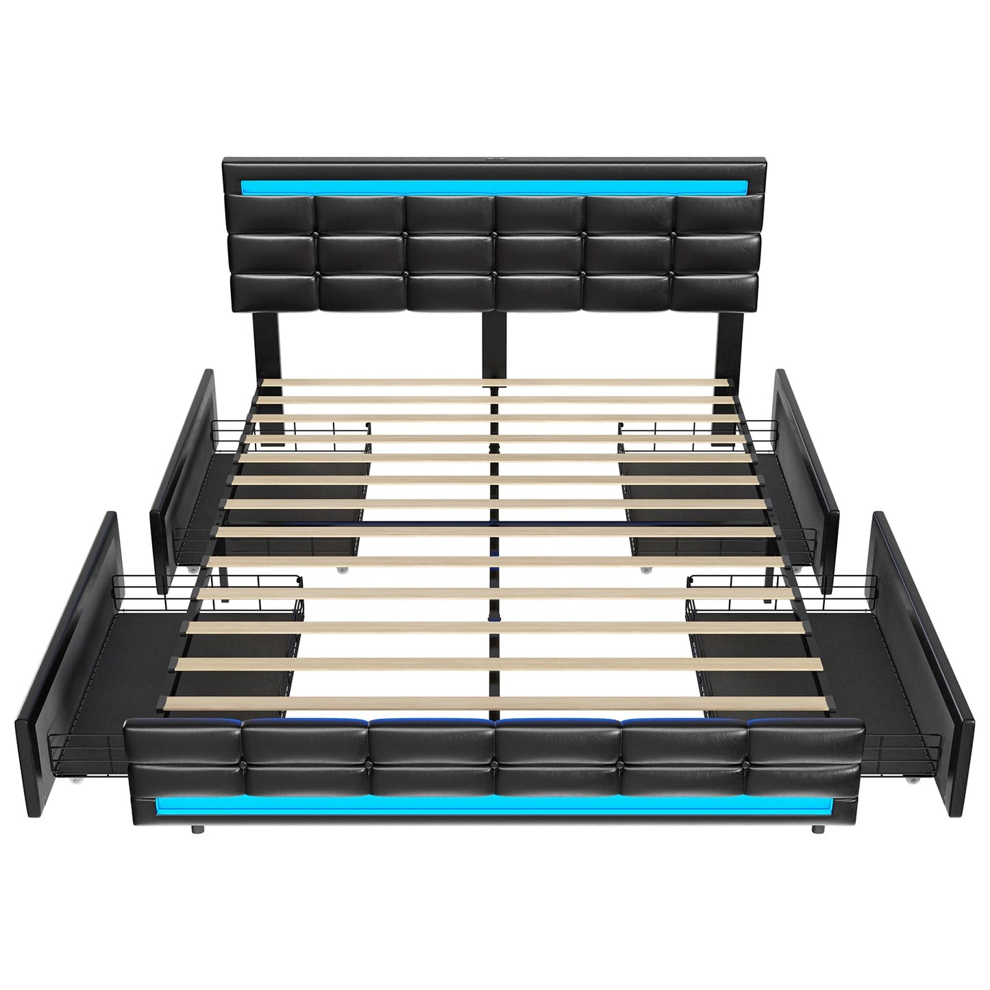 Elegant ADORNEVE Queen Bed Frame with LED Lights, Leather Platform and Storage Drawers, Adjustable Headboard, No Box Spring Needed - Black - WoodArtSupply