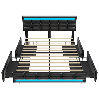 Elegant ADORNEVE Queen Bed Frame with LED Lights, Leather Platform and Storage Drawers, Adjustable Headboard, No Box Spring Needed - Black - WoodArtSupply