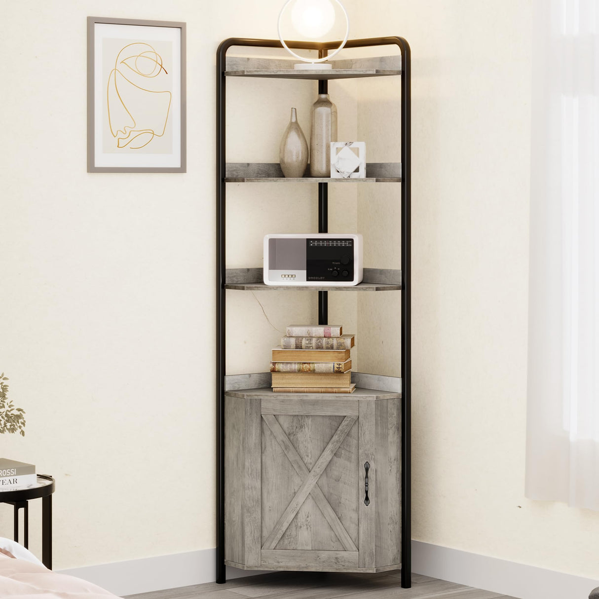 IDEALHOUSE 70.9 Inch Corner Cabinet 5-Tier Tall Corner Cabinet Farmhouse Bookshelves Rustic Storage Rack Industrial Bookcase Plant Stand for Living Room, Bedroom, Home Office, Kitchen IDEALHOUSE