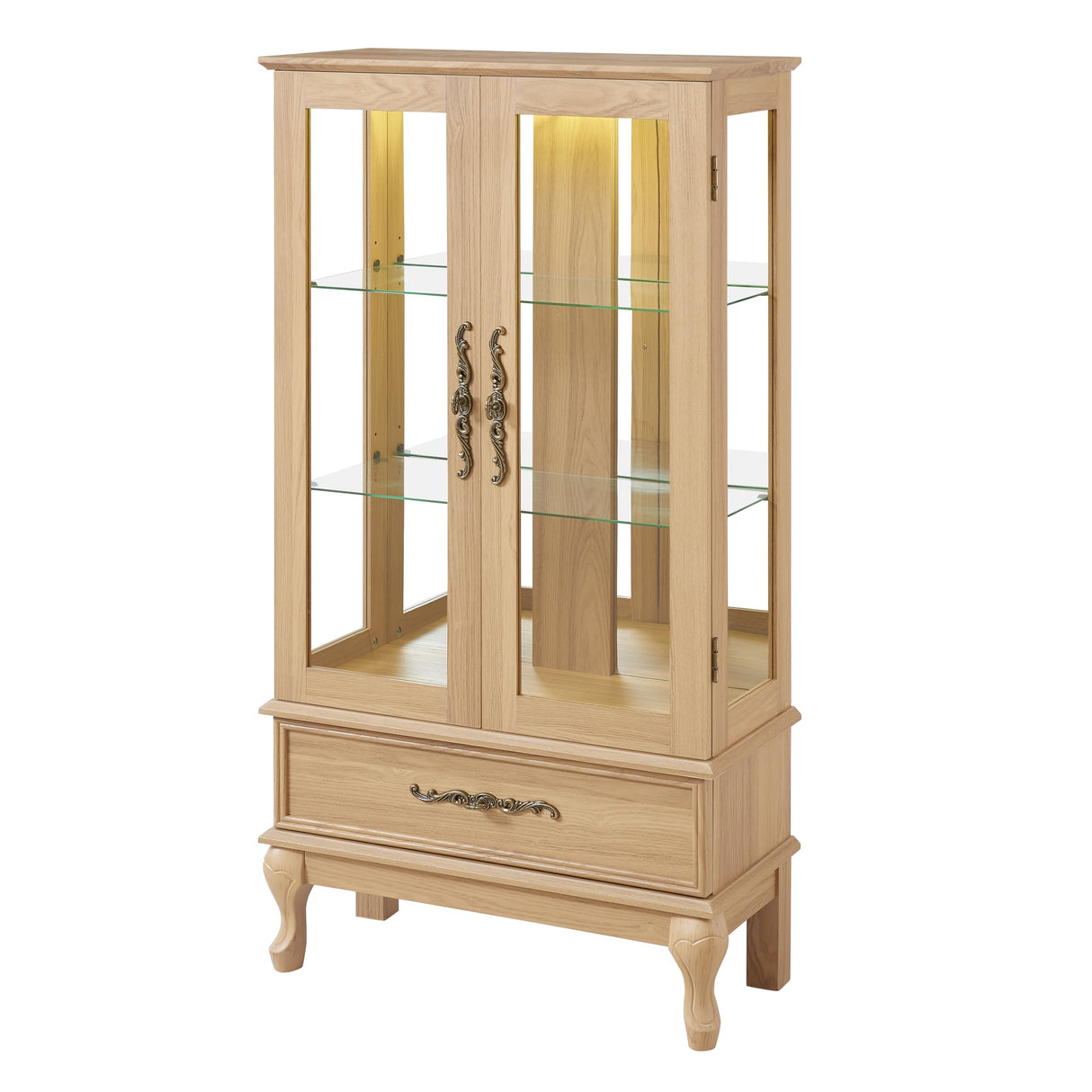 Lighted Curio Cabinet - Elegant Glass Display Cabinet with Adjustable Shelves, 2 Doors, and 1 Drawer - Wine Storage Sideboard with Included Bulb - Light Oak Finish Havemies