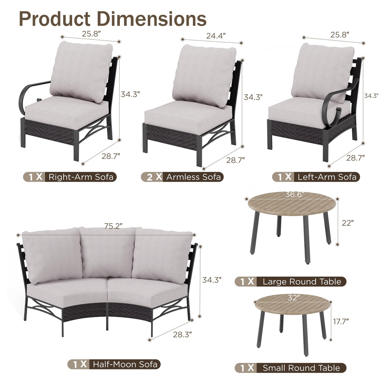 PHI VILLA Half-Moon Patio Furniture Set 8 Piece, Curved Outdoor Sectional Sofa Conversation Sets for 6 Persons with 2 Coffee Table for Garden, Poolside, Balcony, Backyard PHI VILLA