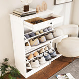 VOWNER Shoe Cabinet with 2 Flip Drawers, Narrow Shoe Storage Cabinet with Drawer, Shoe Cabinet Organizer for Entryway, Hallway, White VOWNER