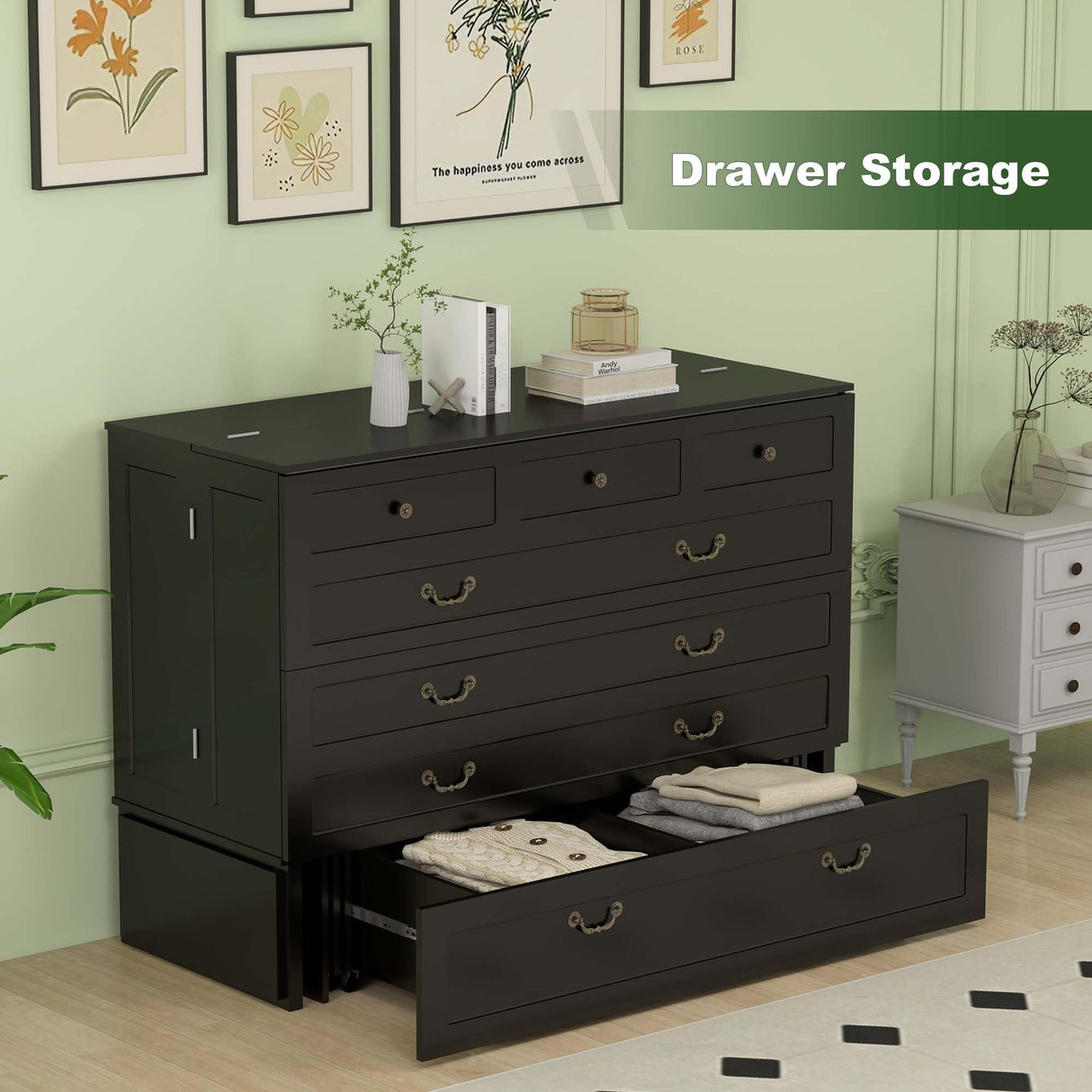 TemkTuek Queen Size Murphy Bed Cabinet with Drawers Storage & USB Charging Station, Space-Saving Hideaway Bed for Guest Room & Small Bedroom 84" L x 60" W x 44" H Black-7(NOT Included Mattress) TemkTuek