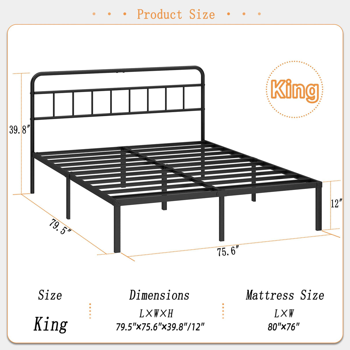 Kujielan 12 inches King Size Bed Frame with Minimalist headboard,Metal Platform Base with Strong Metal Slats,Mattress Foundation for Under Bed Storage,Easy Assembly,Black Kujielan