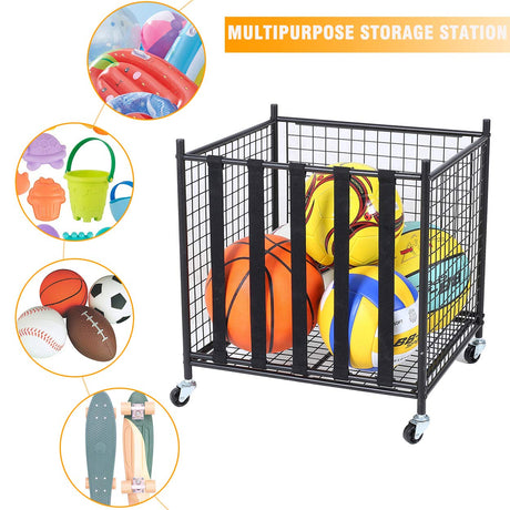 Snail Sports Ball Storage Rolling Cart Lockable Sports Ball Storage Rack with Elastic Straps, Stackable Ball Cage for Garage Storage Organizer, Compact Size But Functional, Matt Black Snail