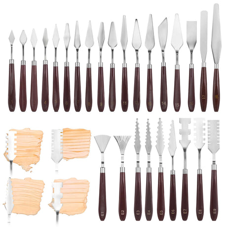 MBAIYO 27 Pcs Palette Knife Set, Stainless Steel Painting Knife Set Wood Handle Palette Knives Paint Spatula Pallet Knives for Acrylic Paint Tools for Canvas Oil Painting Mixing and Texturing MBAIYO