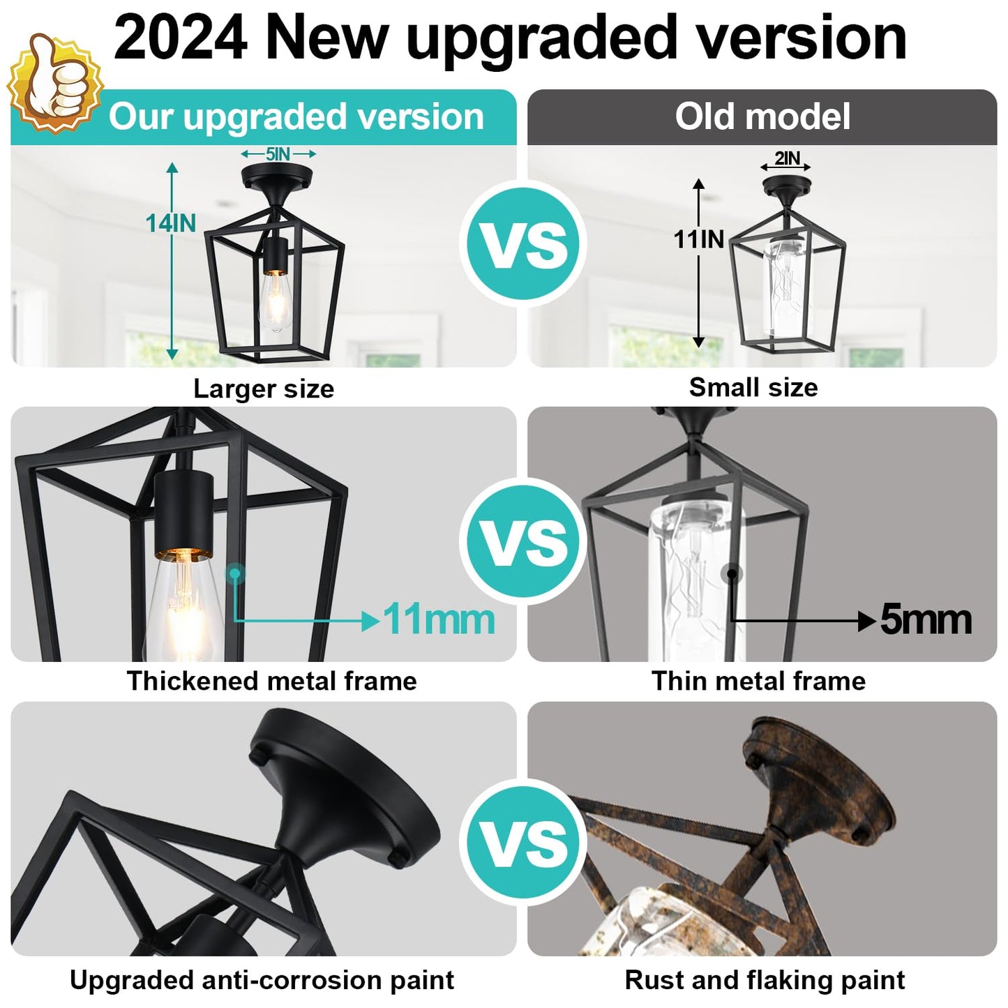 【Upgraded】 Semi Flush Mount Ceiling Light, Black Industrial Ceiling Light Fixtures, Farmhouse Light Fixture for Entryway Porch Hallway Stairway Garage Living Room Dining Room Balcony