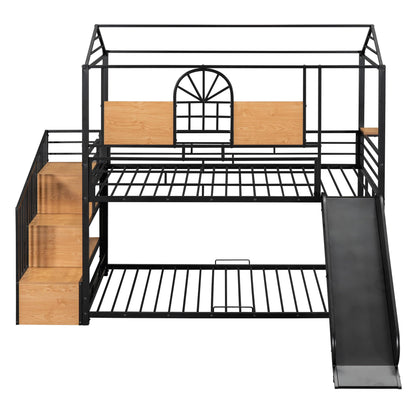 Merax Twin Over Twin Metal Bunk Bed, Metal House Bed with Slide and Storage Stair, Black Bed Frame with Black Slide