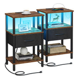 VIMBER Nightstand Set of 2, Adjustable LED Side Table with Charging Station and Fabric Drawer,Beside Table with Open Compartment for Living Room, Easy Assemble, 3 Tier End Table for Bedroom, Brown VIMBER