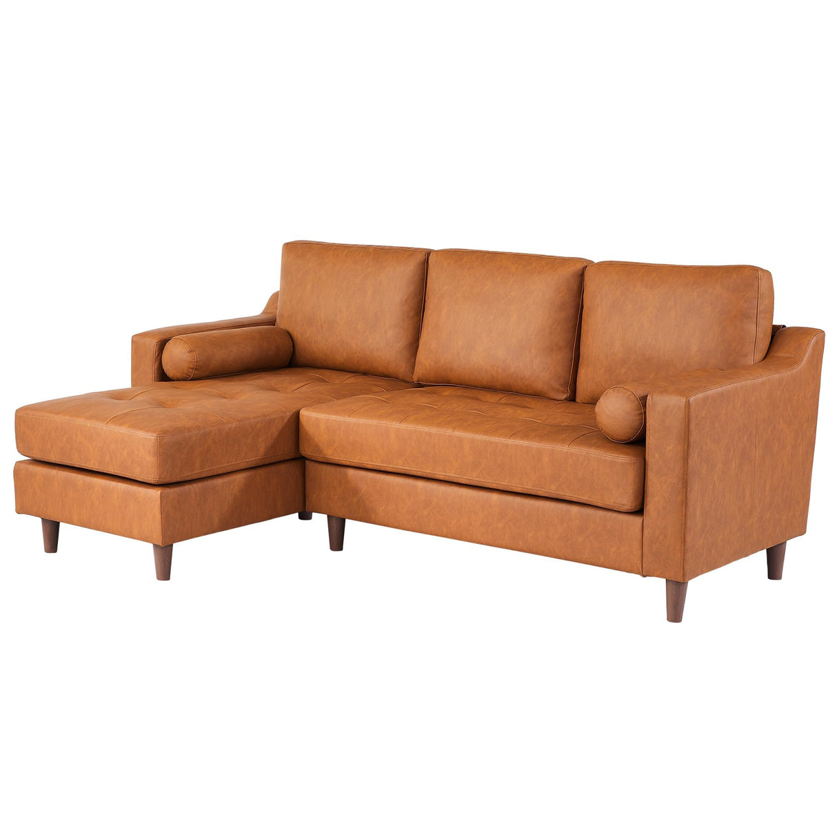GarveeHome 88.9 in Leather L-Shape Sofa with Convertible Chaise, Modern Mid-Century Sofa for Living Room, 3 Seat Comfy Leather Couch with Deep Seat, Cognac Tan GarveeHome